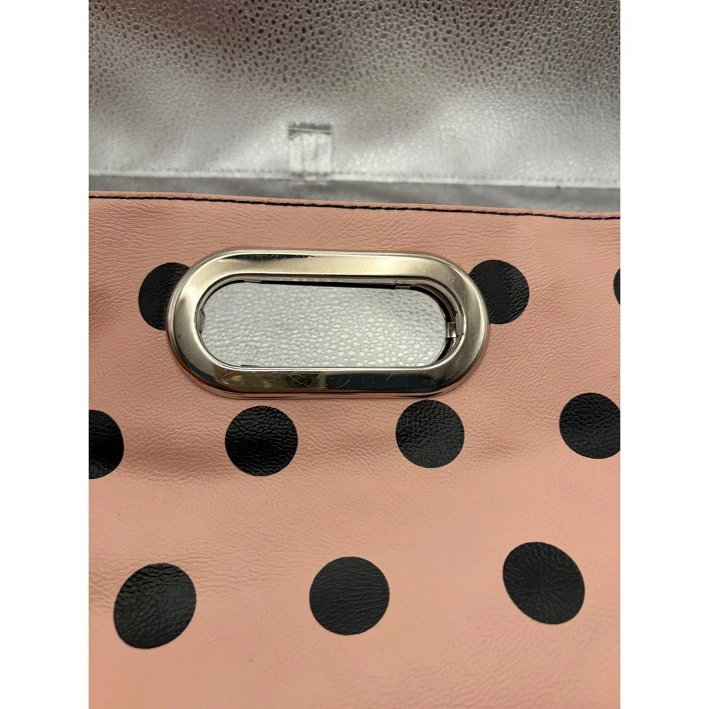 Pink Polka Dot Clutch‎ Bag Silver Metal Handle Pleated Faux Leather Handbag
